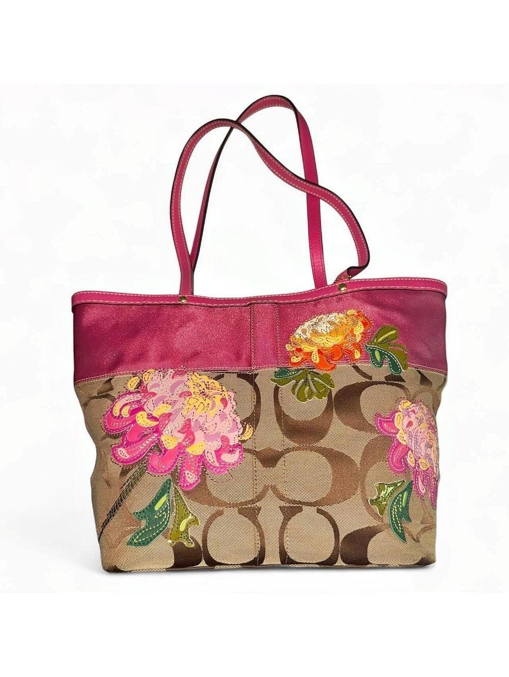 Vintage 2008 Coach Signature Stripe Floral Appliqué Tote